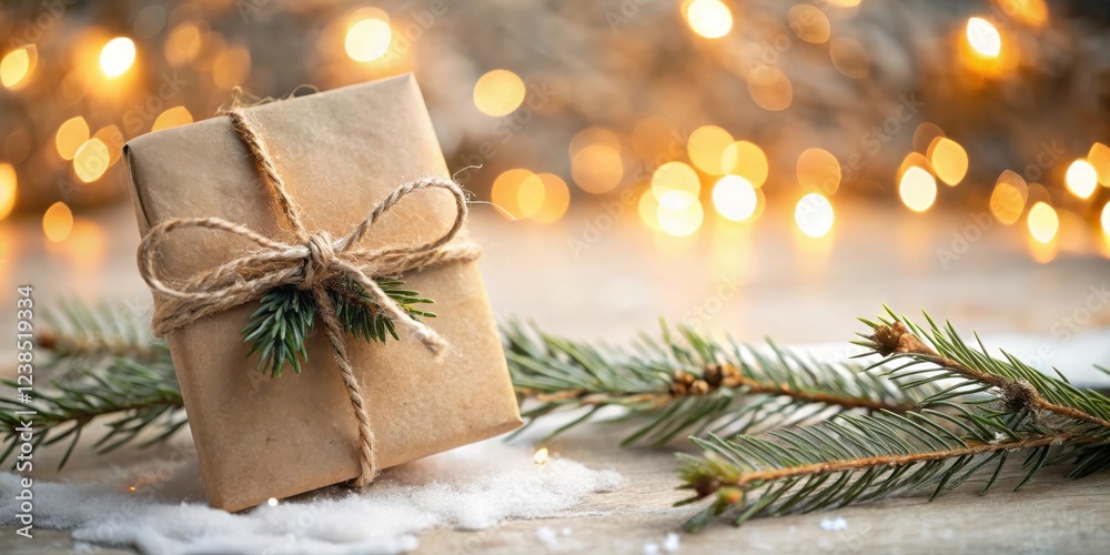 Aufkleber Rustic Gift Wrapped in Kraft Paper with Twine and Evergreen Sprig on Snowy Surface with Warm Bokeh Lights