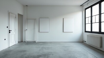 Obraz premium empty room with white walls and floor. On the left side of the image, there is a white door with a black handle. Next to the door, there are two blank white posters hanging on the wall.
