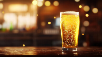 Beer glass on bar counter local pub drink photography warm atmosphere close-up view refreshment concept