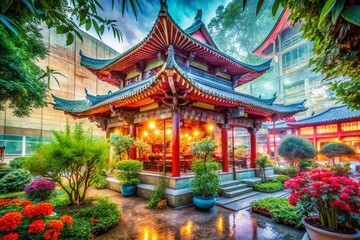 Chinese-style Exhibition Pavilion with Abstract Patterns and Plants