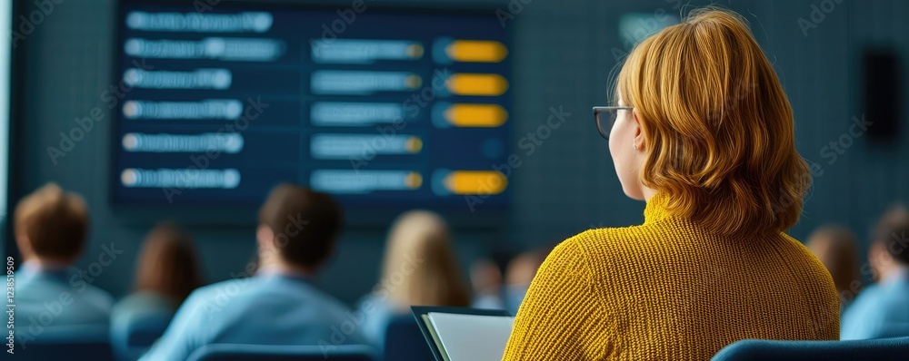 Poster Networking event idea. A focused woman attending a conference presentation in a modern setting.