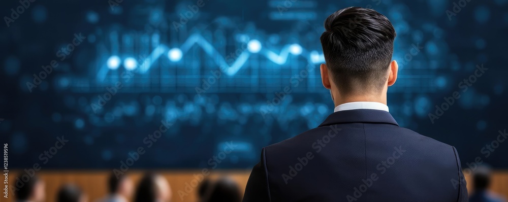 Poster Networking event idea. A focused professional analyzes data during a corporate presentation.