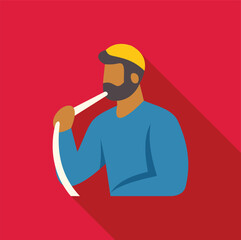 Bearded man enjoying hookah, wearing a yellow cap and blue shirt, against a vibrant red backdrop, creating a stylish and contemporary image