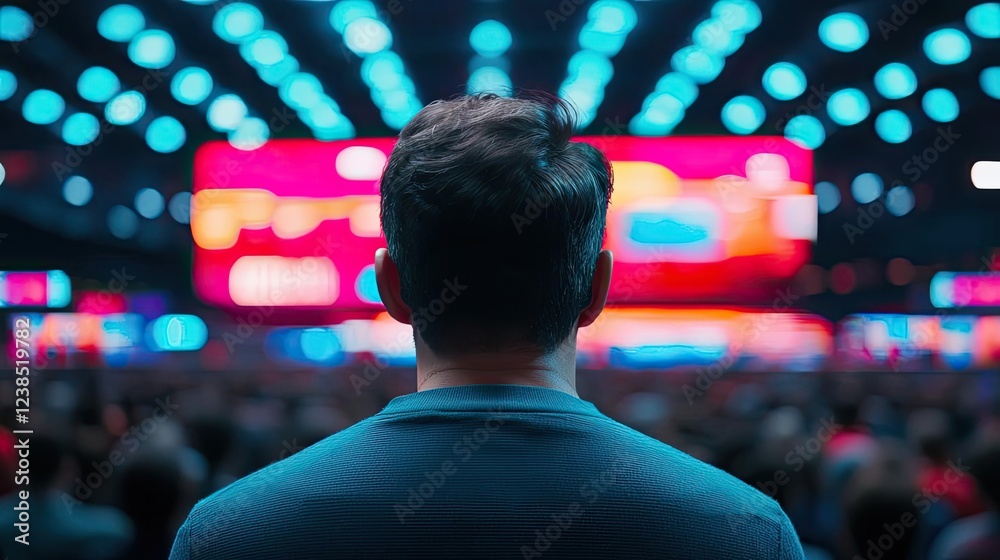 Poster Networking event idea. A focused individual engages with a vibrant presentation at a large event.