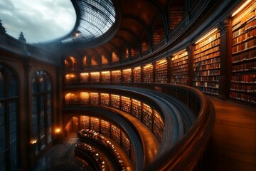 Obraz premium A massive library with towering bookshelves lined throughout the walls, filled with ancient manuscripts and modern literature