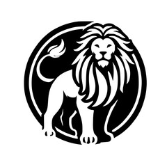 Majestic Lion: Black and White Circle Design. A powerful symbol of wildlife, this vector graphic is perfect for logos, icons, and more.