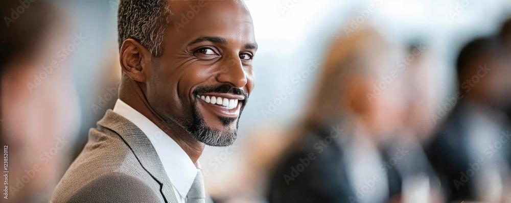 Poster networking event idea. smiling businessman in a meeting, showcasing confidence and professionalism.