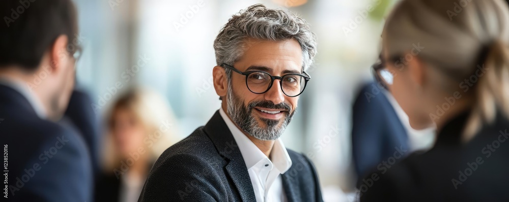 Aufkleber Networking event idea. Confident businessman smiling during a meeting with colleagues in a modern office.