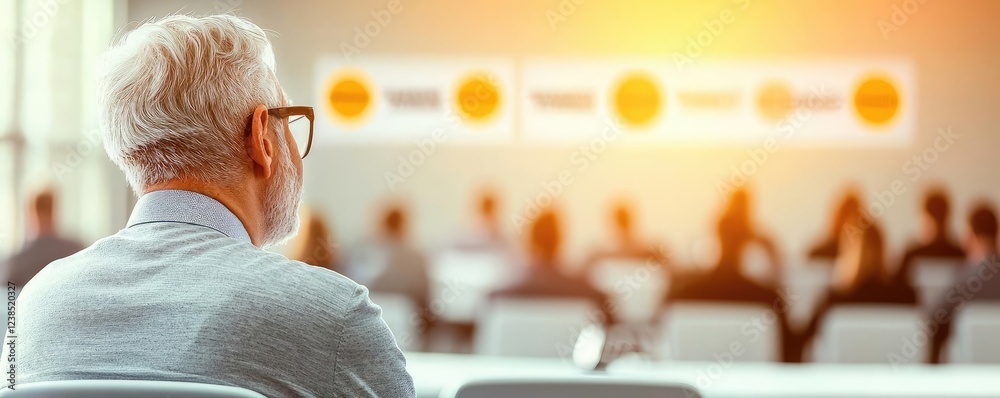 Poster networking event idea. an elderly man observing a business presentation in a conference room.
