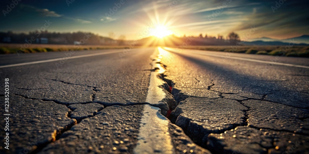 Poster cracked asphalt road at sunset a close-up view of a damaged highway with the sun setting in the back