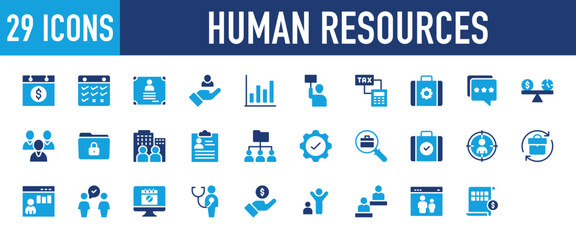 Set of 29 Human Resources icon. Bar Graph, Feedback, Business Strategy, Avatar, Archive, Company, List, Hierarchy, Gear, Briefcase, Focus, Website, Conversation, Monitor, Medical illustration. 