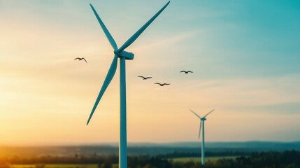 Fototapeta premium Wind Turbine Spinning with Birds Flying Around Symbolizing Harmony Between Clean Energy and Nature Conservation in a Sunset Background