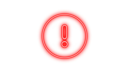 Neon symbol circle exclamation icon red color glow with transparent background