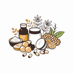 Natural wellness ingredients arranged creatively, health concept