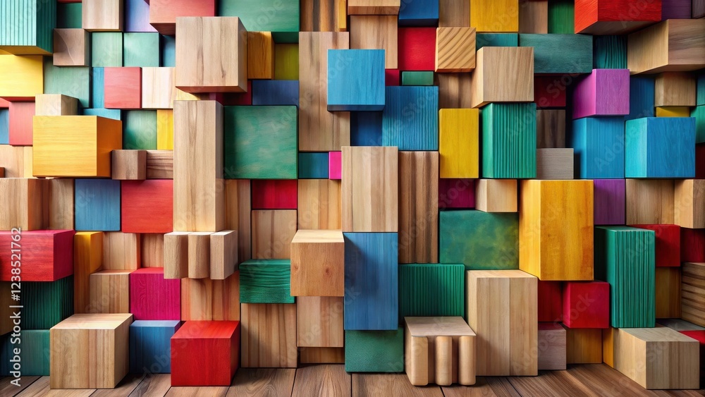 Poster Vibrant Wooden Block Wall Abstract Composition Featuring Multicolored Cubes and Rectangular Prisms Arranged in a Random Pattern on a Wooden Floor