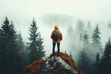 Obraz premium A moody, mist-filled forest where a lone traveler is enjoying a secluded weekend retreat, surrounded by towering, shadowy trees