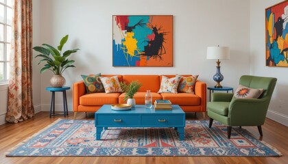 "A colorful living room with an orange sofa, a blue coffee table, a green armchair, and abstract art pieces on the walls."
