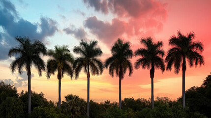 Fototapeta premium Silhouetted palm trees create an enchanting foreground against a breathtaking sunset, where warm hues blend seamlessly into the twilight sky, depicting a serene beach escape