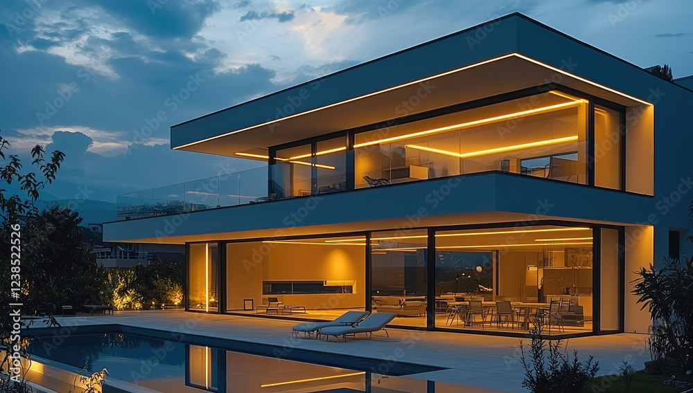 Poster modern house with better energy efficiency with smart lighting management systems.