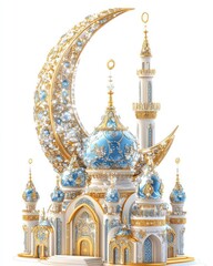 Obraz premium Majestic Mosque Under Crescent Moon: A Digital Rendering of Architectural Splendor.