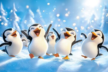 Obraz premium Joyful penguins dancing in the snow antarctica wildlife photography winter wonderland fun concept