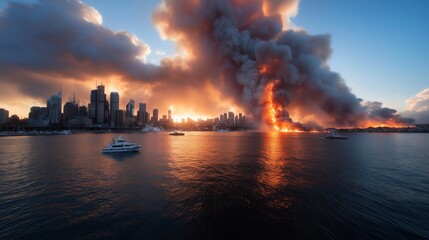 Obraz premium Dramatic sunset illuminates towering smoke and flames along the city skyline reflecting on tranquil water. Generative AI