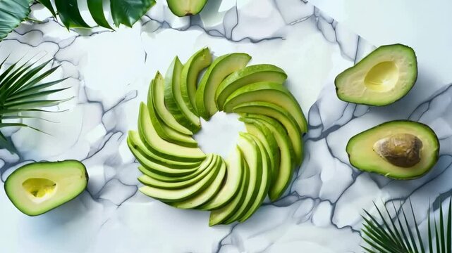 Spiral avocado arrangement on marble with tropical leaves aesthetic