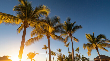 Obraz premium Tall palm trees create dramatic silhouettes against a colorful sunset, evoking a sense of escape and adventure. The warm glow invites relaxation at a perfect beach destination