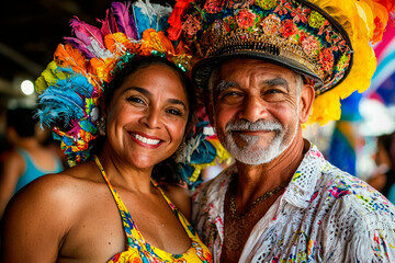 Portrait of a young Brazilian couple at the Brazilian carnival
