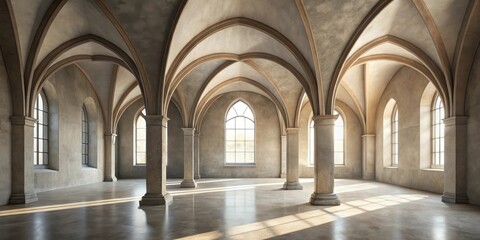 Obraz premium Sunlit Hallway with Arched Ceilings and Stone Pillars