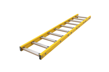 A bright yellow ladder featuring durable aluminum rungs and reinforced corners, offering a lightweight yet robust option for versatile uses, isolated on a transparent background