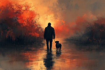 A Man Walks His Dog Through Shallow Water At Sunset, Amidst Fiery Autumn Foliage.