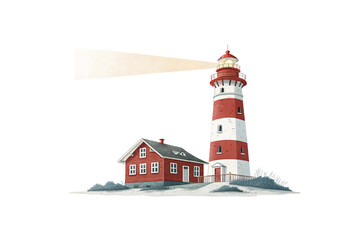 A charming red-and-white lighthouse beside a cozy cottage emits a warm beam, beautifully depicted in a minimalist artistic style, isolated on a transparent background