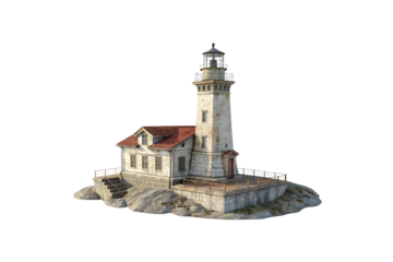 A classic stone lighthouse beside a quaint house on a rocky cliff, featuring detailed fencing and natural weathering for authentic maritime charm, isolated on a transparent background