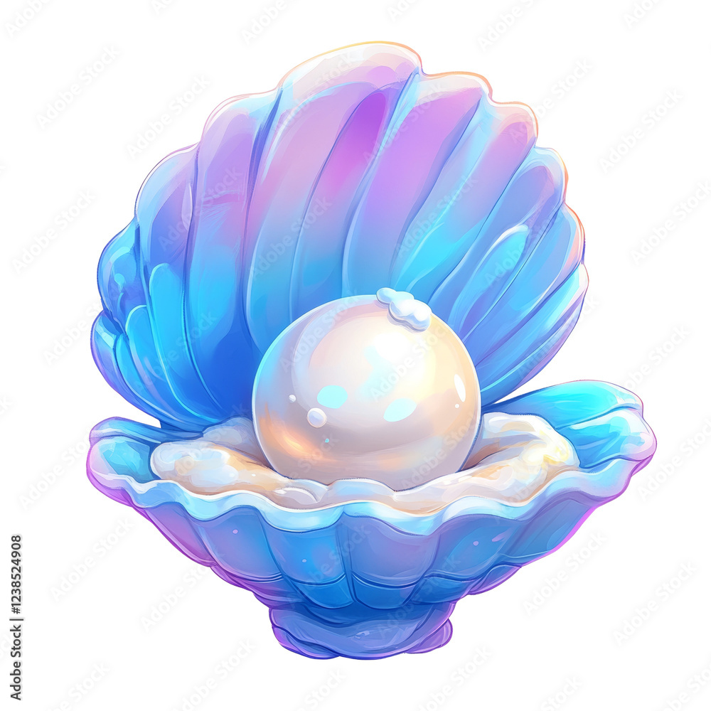 Poster a digitally rendered image depicts a large pearl nestled within a translucent blue and purple seashe