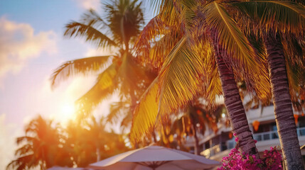 Tropical palms sway gently as the sun sets, creating a warm glow over a serene beach. This idyllic getaway invites relaxation and adventure on a perfect vacation