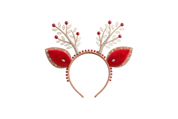 A frosty antler headband, Glittering antlers with frosted white branch details, red velvet leaves, and decorative berries, evoking a wintry, isolated on a transparent background