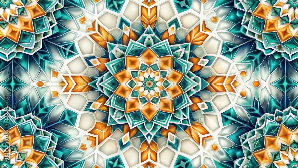 Poster intricate teal and amber geometric mandala design with symmetrical patterns