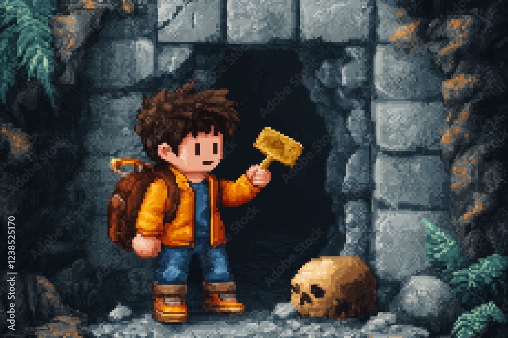 Poster A pixel art depiction of a character swapping a rusty key with a shiny golden substitute in a retro dungeon setting, with bright, vibrant pixel details