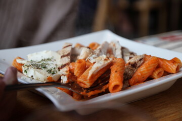 Pasta with chicken at a local restaurant in downtown Columbus, Ohio.