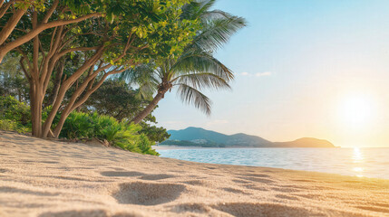 Obraz premium Golden sunlight spills over a tranquil beach, highlighting soft sands and lush palm trees. This idyllic setting evokes a sense of peace, ideal for vacation and rejuvenation
