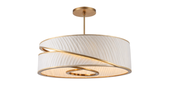 A gold-accented pendant light with a pleated white shade. The spiral gold trim enhances its luxurious look, making it a stunning ceiling fixture, isolated on a transparent background