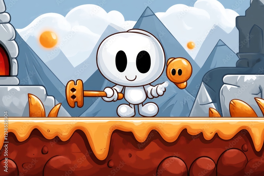 Poster A pixel art depiction of a character swapping a rusty key with a shiny golden substitute in a retro dungeon setting, with bright, vibrant pixel details