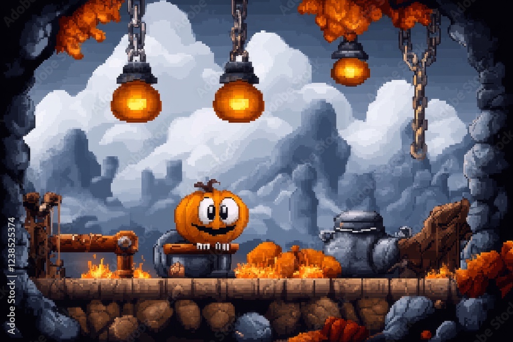 Poster A pixel art representation of a character pulling a lever to terminate a dungeon trap, with colorful, animated sparks and detailed retro graphics