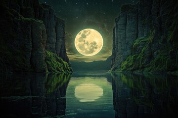 Fototapeta premium A serene night scene with a massive full moon rising between two moss-covered cliffs reflecting in still water.