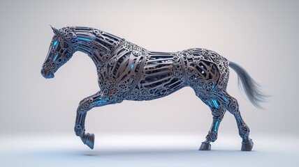 Fototapeta premium A futuristic robotic horse model, intricately designed with metallic textures and glowing elements, showcasing a blend of technology and art in motion.