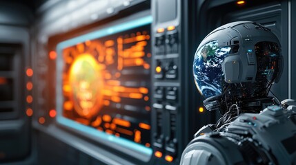 Climate action concept. A futuristic robot observing a vibrant planetary simulation in a high-tech environment.