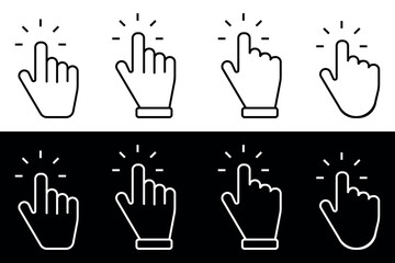 Click hand Cursor Icons in different styles. Vector illustration isolated on black and white background.