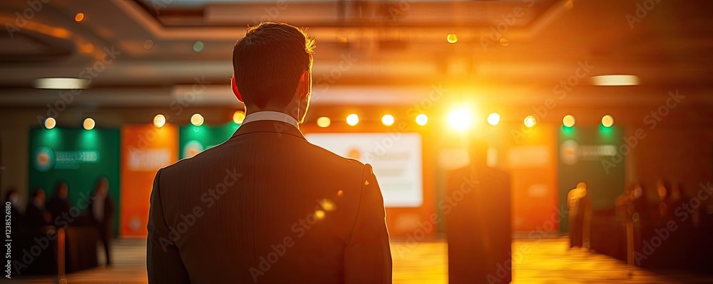 Aufkleber Networking event idea. A business professional stands in front of a bright stage, preparing for a presentation.