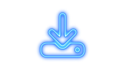 Neon symbol download icon blue color glow with transparent background
